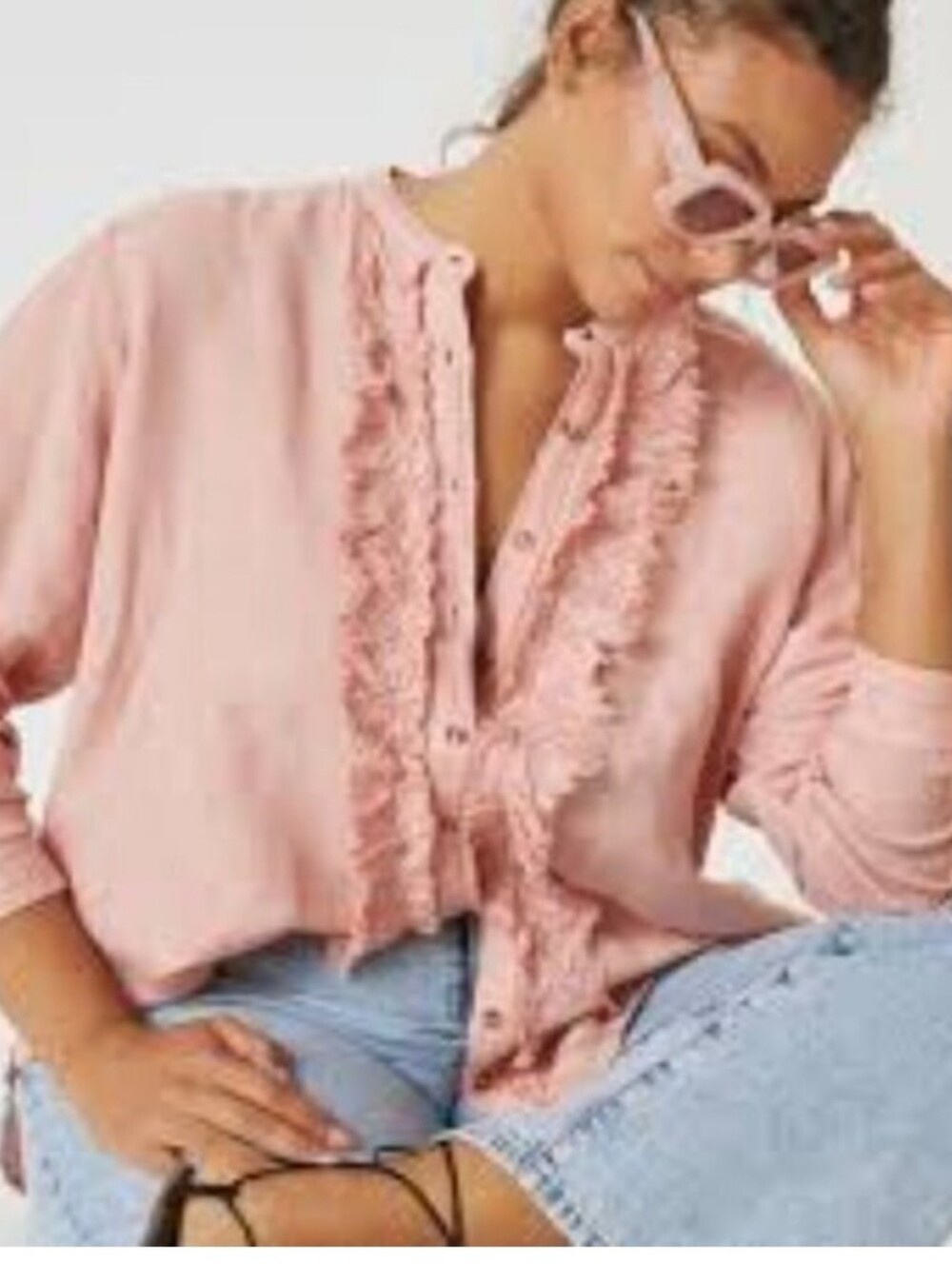 Anthropologie Pilcro Blush Pink Ruffle-Front Button Down Top Size S - Picture 3 of 8